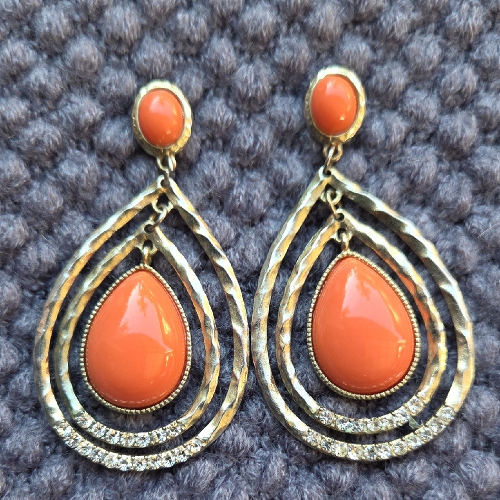 Elegant Silver Tone and Orange Teardrop Earrings